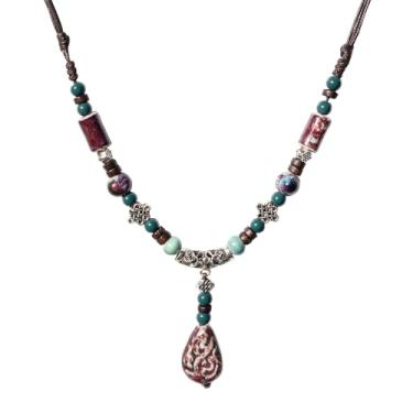 Imagem de Zlanderah Colar com pingente de lágrima de cerâmica boêmio verde profundo e vermelho bordô, colar boho longo ajustável para mulheres, joias hippie presentes para ela