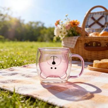 Imagem de Copo de urso de vidro de 238 g, caneca de vidro de parede dupla com alça rosa para leite, café, suco, água, chá