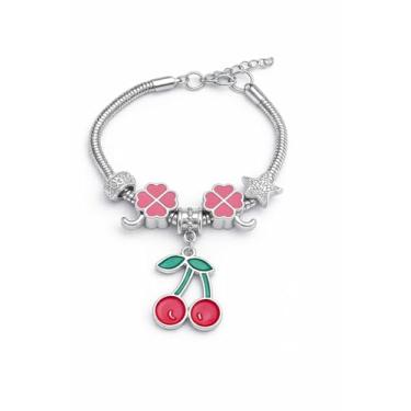 Imagem de Pulseira Snake Chain Feminina, Prateada com Pingente de Cereja Esmaltada, Berloques Florais Rosa, Ajustável 18-20cm