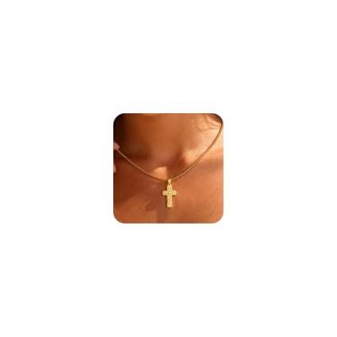 Imagem de ALEXCRAFT Colar de cruz de aço inoxidável banhado a prata esterlina 925, hipoalergênico, pingente de crucifixo martelado delicado a ouro 18K com corrente de corrente para mulheres e homens, corrente