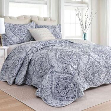 Imagem de Conjunto de colcha tamanho Queen 228,6 x 243,8 cm, 3 peças, colchas de vieira, tamanho cinza, azul boêmio, estampa de paisley, tamanho grande, colchas macias, leves, fazenda, edredom acolchoado