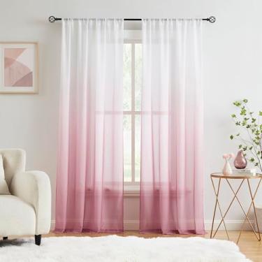Imagem de Cortinas translúcidas de chiffon ombré rosa 227 cm de comprimento para decoração de sala de estar e quarto, cortina de janela com filtro de luz gradiente enrugada para quarto de meninas, jardim