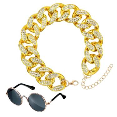 Imagem de Conjunto de 2 peças de óculos e colar, coleira de corrente de gato, cão, fantasia, óculos de sol, retrô, corrente dourada, colar de strass, roupas para animais de estimação, decoração para cães