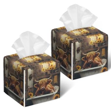 Imagem de Highland Cow Capa de caixa de lenços de girassol 2 peças, suporte de caixa de lenços de couro quadrada facial caixa de lenços organizador de cubo para banheiro, quarto, mesa, escritório