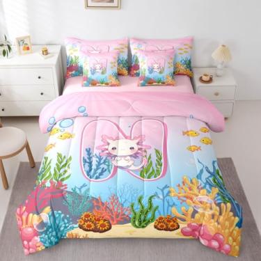 Imagem de Erosebridal Conjunto de edredom queen com axolote kawaii, rosa, 7 peças, para meninas, com desenho animado fofo, letra N, para crianças, adolescentes, adultos, cama de salamandra de animais do oceano