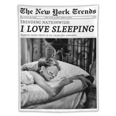 Imagem de Arte de parede de jornal vintage preto e branco I Love Sleeping Tapeçaria retrô New York Times Feminista Magazine tapeçaria de parede para casa quarto dormitório bar carrinho decoração de parede 152