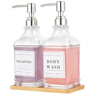 Imagem de Dispensador de sabão para louça e mãos para pia de cozinha, dispensador de sabão de vidro âmbar com bomba, bandeja, funil, conjunto de 2 dispensadores de sabão e loção de bancada para banheiro