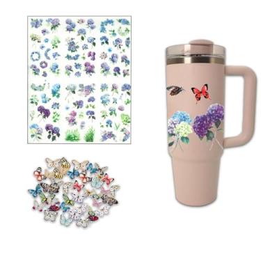 Imagem de 6 folhas de flores transparentes naturais e 40 peças de adesivos de borboleta realistas para decoração de copos Stanley, decalques de vinil personalizados à prova d'água fofos para copo faça você