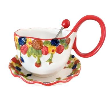 Imagem de Wixann Tigela de sopa de 500 ml segura para micro-ondas, tigela de cereais de cerâmica pintada à mão com alça de laço para sopa, iogurte, lanche, batata frita, ensopado, sorvete (amoras)