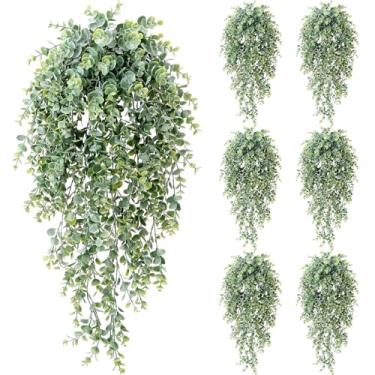 Imagem de Zeyune Pacote com 6 plantas artificiais de eucalipto, folhas de eucalipto de vegetação falsa, decoração de planta de hera boho para casamento, pano de fundo de chá de panela, banheiro, mesa de