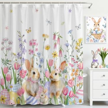 Imagem de Mocsicka Cortina de chuveiro de coelhinho da páscoa ovos de páscoa primavera floral cortina de chuveiro de banheiro coelho bonito tecido impermeável cortina de chuveiro decoração de banheira com 12