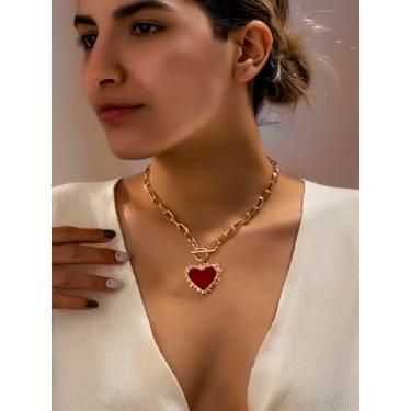 Imagem de Colar com pingente feminino, corrente em forma de coração, com fivela OT, adequado para uso diário e dia dos namorados, vermelho