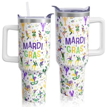 Imagem de aienssfwe Copo de carnaval, engraçado Fat Tuesday Tumbler com alça e palha, garrafa de água isolada de aço inoxidável de 1,134 g, presentes de Natal para mulheres/homens