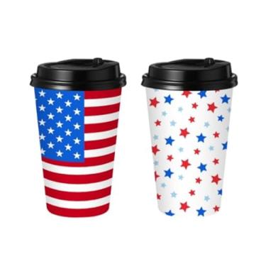 Imagem de AnyDesign Copos de café descartáveis patrióticos com tampas 473 ml Bandeira Americana Star Copos de café para viagem para 4 de julho Independence Veterans Day Utensílios de mesa, 50 peças