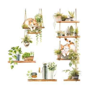 Imagem de Flaxarne Adesivo de parede de gato e planta arte em PVC pintura criativa decoração para sala de estar quarto