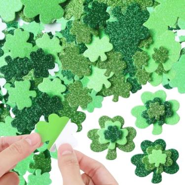 Imagem de Adesivos autoadesivos de espuma de trevo de Dia de São Patrício com glitter verde quatro folhas trevo da sorte adesivos autoadesivos para festa irlandesa do dia de São Patrício DIY artesanato