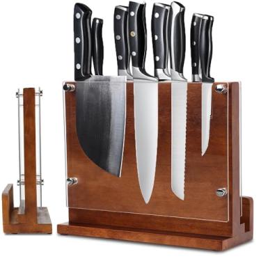 Imagem de Suporte multifuncional para facas, 26×24×10cm, Bloco Magnético de Faca para Facas, Suporte de Madeira Natural, Organizador de Armazenamento de Faca de Lado Duplo