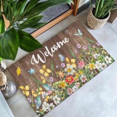 Imagem de Noulmea Tapete de porta de primavera 76 cm x 43 cm - aquarela flores silvestres, borboleta e texto de boas-vindas em impressão de madeira rústica tapete de primavera tapete de borracha antiderrapante