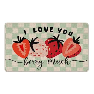 Imagem de Livcoz Tapete de porta da frente Strawberry Welcome I Love You Berry Much verde xadrez, tapete de entrada, antiderrapante, para decoração de cozinha, 43 x 73 cm