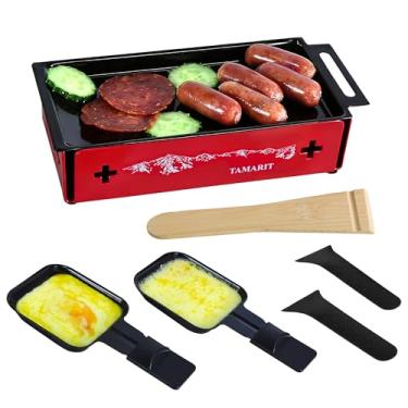 Imagem de TAMARIT Grelha Raclette para 2 pessoas – Derretidor de queijo raclette portátil à luz de velas com bandeja de cozimento esmaltada e formas antiaderentes – Máquina de raclette compacta para jantar