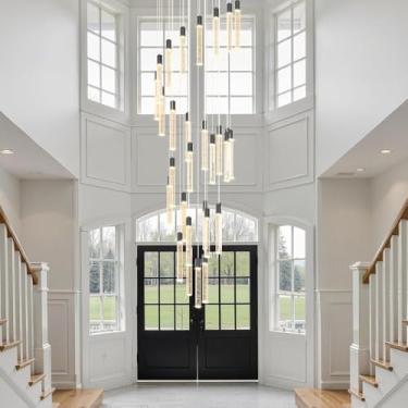 Imagem de Lustre de cristal grande em espiral com luminária pendente LED em formato de bolha de cristal K9, barra de luz longa, iluminação moderna para tetos altos, luminária redonda regulável para en