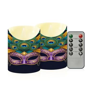 Imagem de Wassud Pacote com 2 máscaras de baile de máscaras de carnaval velas sem chama com controle remoto, velas realistas cintilantes com temporizador, velas decorativas para Natal, casamento, festa