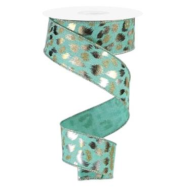 Imagem de Fita com fio de estampa de leopardo com glitter e manchas metálicas para árvores de Natal temáticas de guepardo, grinaldas, presentes, artesanato, laços (verde menta escura, ouro, prata, 3,8 cm x 10