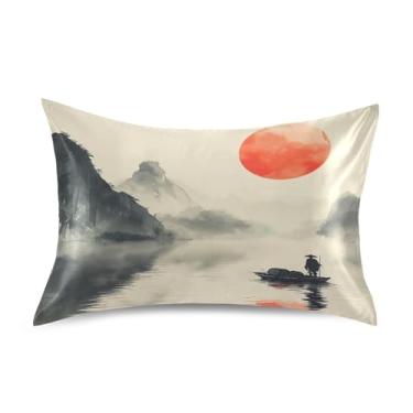 Imagem de xigua Fronha de cetim com pintura a tinta chinesa para cabelo e pele, lavável à máquina, almofada de cetim, antiderrapante, capa de cama padrão com fecho de envelope, 50,8 cm x 66 cm