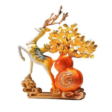 Imagem de Feito à mão Árvore de dinheiro cristal com estatuetas veado, escultura árvore da vida feng shui, decoração mesa sala estar citrino para riqueza e boa sorte