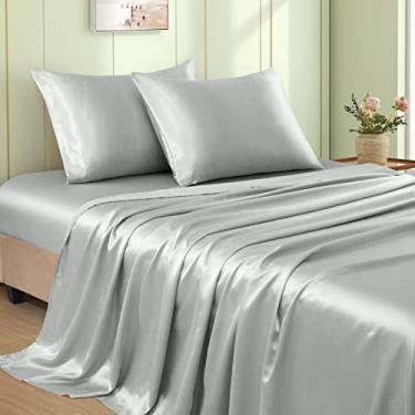 Imagem de VACVELT Conjunto de lençóis de cetim cinza prata 4 peças, conjunto de cama king size, conjunto de lençóis de cetim sedoso de bolso profundo de 38 cm, conjunto de cama de cetim macio refrescante e lençóis de luxo, 1 lençol com elástico + 1 lençol de cima + 2 fronhas