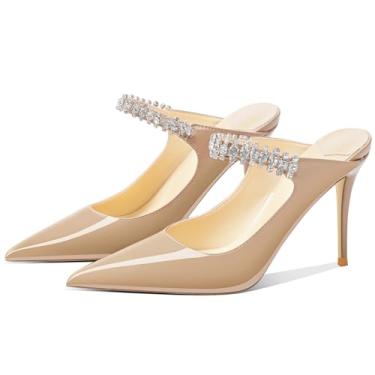 Imagem de Cokvkuu Mules femininas de strass de cristal, salto alto de couro envernizado, salto alto de 8,2 cm, palmilha de espuma viscoelástica, sapatos de festa noturna de casamento, Cor nude, 40