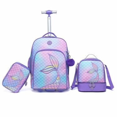 Imagem de Kit Mochila de Rodinhas Infantil Escolar Lancheira Térmica Estojo Feminino 32 Litros Resistente-Feminino