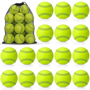 Imagem de Lewtemi Pacote com 18 bolas de softball esportivas amarelas tamanho oficial e peso para prática de softball com 1 bolsa de malha não marcada coberta de couro bola Fastpitch juvenil para treino de