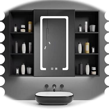 Imagem de Armário de espelho de banheiro branco iluminado por LED, armário de remédios de parede com espelho, interruptor de toque, armário de armazenamento grande, preto 75 cm/30 polegadas (cor: preto,