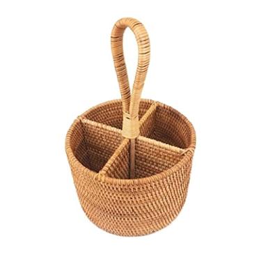 Imagem de Cesta de armazenamento de vime feita à mão, cesta de frutas redonda portátil com quatro compartimentos, cesta de armazenamento criativa