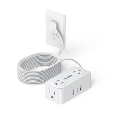 Imagem de Régua de alimentação de 3 m com protetor contra sobretensão, 4 tomadas, 3 portas USB, estação de carregamento de plugue plano para mesa de escritório em casa e essencial para dormitório universitário