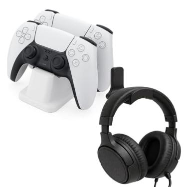 Imagem de Suporte Duplo Universal para Controle de Jogos, Base de Mesa Decorativa em Plástico, Gamer, Ps5, Ps4, Xbox, Pc, Notebook, Nintendo Switch, Joystick, Manete, Videogame, Console (Branco + Sup Headset)