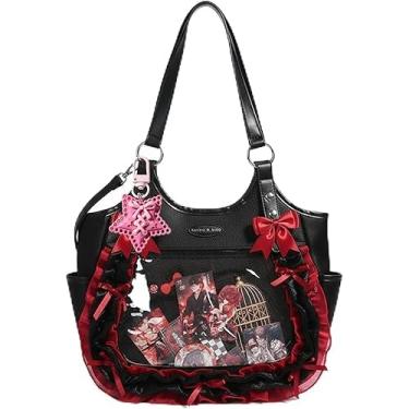 Imagem de Bolsa feminina estilo Y2K JK Lace Ita com pingentes, bolsa de ombro transversal com laço de grande capacidade para uso diário, 29 x 24 x 11 cm, Preto, vermelho, Large