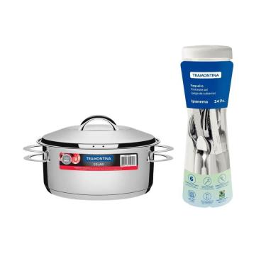 Imagem de Kit Caçarola Aço Inox Solar 4,7 Litros Pit 1 + Faqueiro 24 Peças Ipanema Cabo Branco - Tramontina