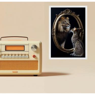 Imagem de Quadro Gato Olhando Espelho Vendo Leão 24X18Cm - Com Vidro