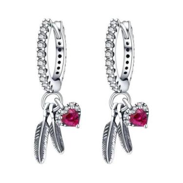 Imagem de Brincos De Prata 925 Femininos Com Coração Rosa Princesa Grande, Joias