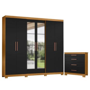 Imagem de Cômoda 4 Gavetas New e Guarda Roupa Casal San Diego com Espelho Carvalho Americano Preto - Incorplac