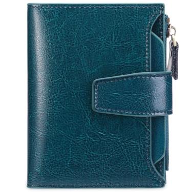 Imagem de GOIACII Carteira feminina pequena de couro legítimo, bloqueio de RFID, bolso com zíper e compartimento para cartão de identificação, A01 Cera azul pavão, small, Minimalista