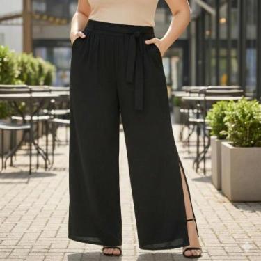 Imagem de Calça pantalona Plus size com fenda, laço, forro e bolsos Premium - De