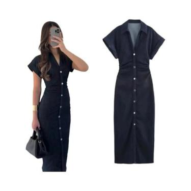 Imagem de Vestido Midi Jeans Elegante E Justo Série Primavera 1975 Com Lapela, Z