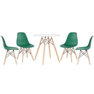 Imagem de Laraz, Mesa redonda Eames 70 cm branco + 4 cadeiras Eiffel DSW Verde e