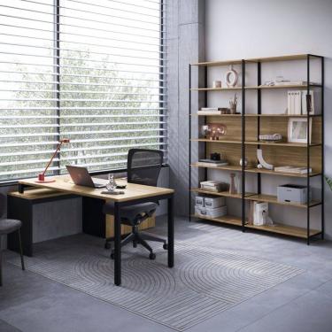 Imagem de Mesa Escritório Em L Com Balcão E 2 Estantes Industrial Idea A03 Nogal Sevilha Preto -...