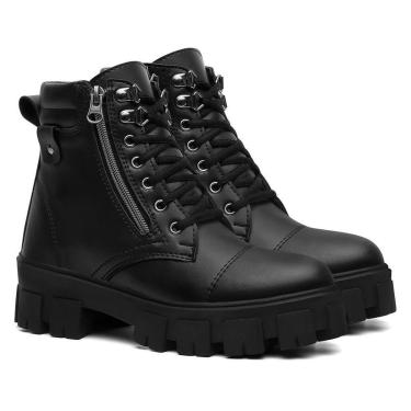 Imagem de Bota Tratorada Feminina Preta Cano Curto Casual Com Zíper Lateral Sola Alta Confortável...
