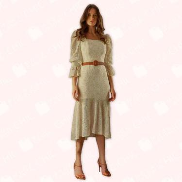 Imagem de Vestido Midi Tela Bordado Manga Bufante - Moda Casual Chic , 42