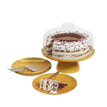 Imagem de Kit Boleira + 4 Pratos + 4 Garfos Torta, Dourado Glitter, Coza